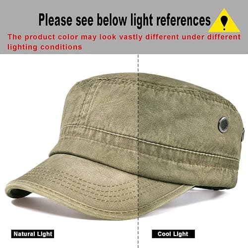 VOBOOM Men Washed Cotton Cadet Army Cap Vintage Flat Hat | Vintage Flat Top Design, Light Denim Cotton, Casual Military Style Hat thumbnail 2