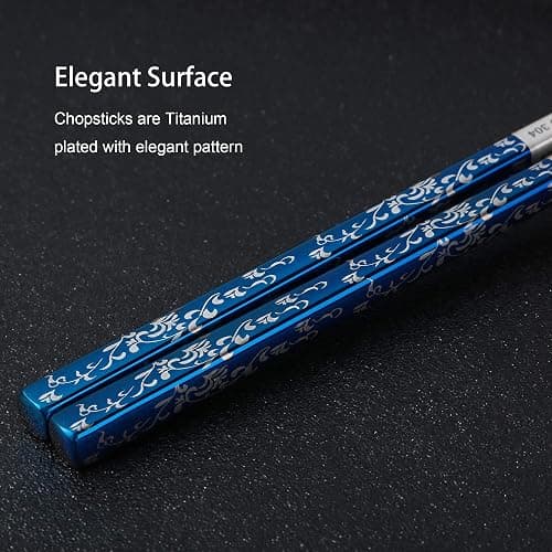 Titanium Plated Chopstick Stainless Steel Chopsticks Metal Chopsticks Reusable Dishwasher safe Premium Laser Engraved Chop Sticks for Eating 2 Pairs Gift Set Blue Silver thumbnail 2