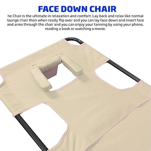 Face Down Tanning Chaise Lounge Chair - Face & Arm Holes - 2 Legs Support - Polyester Material – Backrest Positions - Head Rest Pillow - Beach or Home Use - Read and Tan - Tan Stripes Pattern thumbnail 5