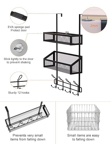 Couwilson Over The Door Hooks Organizer Storage - Over The Door Hanger for Coat Rack, Storage with 12 Hook & 2 Mesh Baskets, for Bathroom,Bedroom,Kitchen,Office (2Tier Basket with 12 Hooks) thumbnail 3