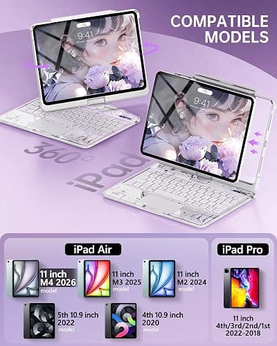 Intermerge Transparent Case with Keyboard for iPad Air 11"(M4/ M3/ M2, 2026/2025/ 2024), Air 5th/4th, Pro 11" 2022-2018, 360° Swivel Multi-Touch Trackpad, 7-Color Backlit, Pencil Holder, Frost Pulse thumbnail 2