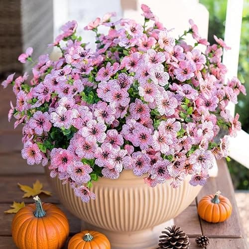 HyeFlora Artificial Flowers for Outdoor Indoor Garden Home Decoration, Faux Flower Daisy with Eucalyptus Leaves Fake Plants Greenery Boxwood Porch Patio, 12 Bundles (Pink) - Image 1