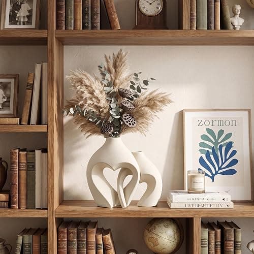 White Ceramic Flower Vase Home Table Decor Heart Shaped Vase Set of 2 | Boho Heart Shaped Minimalist Decorative Vases for coffee Table Centerpiece Wedding Dining Living Room Office House Decoration thumbnail 4