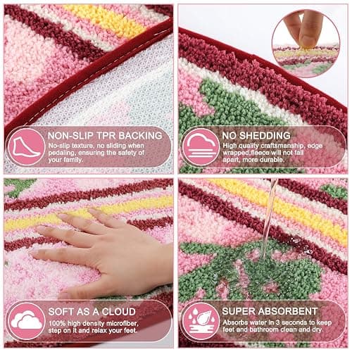 Dunzy Pink Hibiscus Bathroom Rug Cute Surfboard Shaped Bath Mat Non-Slip Flocking Bathtub Rug for Tropical Living Room Bedroom Decor thumbnail 5