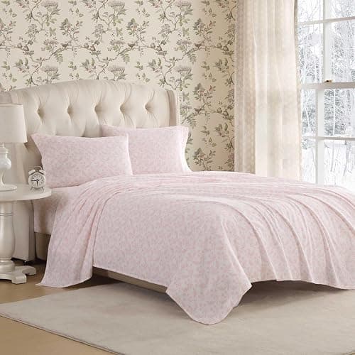 Laura Ashley - Flannel Sheets Twin Size, Anti-Pilling & Wrinkle Resistant Cotton, Touchably Soft for All-Season Comfort - Bed Sheets with Matching Pillowcase & Fitted Sheet (Antoinette Pink) - Image 1