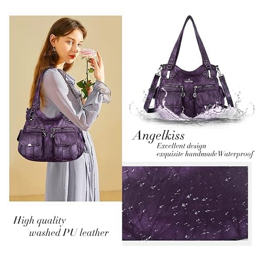 Angel Kiss Women's Designer Handbag Large Double Zipper Multi Pocket Washed Leather Purse thumbnail 5