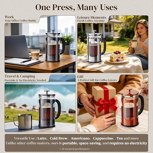 Veken French Press Coffee Maker 34oz, No Plastic Touching Cafe,Thickened Glass Stainless Steel Brewer, Cold Brew Cafetera Tea pot for Kitchen Travel Camping, Gifts, Decor, Bar Accessories, Dark Pewter thumbnail 3