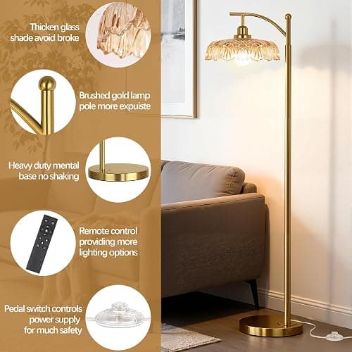 Gold Floor Lamp for Living Room, Dimmable Mid Century Modern Standing Lamp with Remote Control and Amber Glass Shade, 68" Tall Lamp for Bedroom, Vintage Retro Antique Glass Flower Lamp, Brushed Gold thumbnail 4