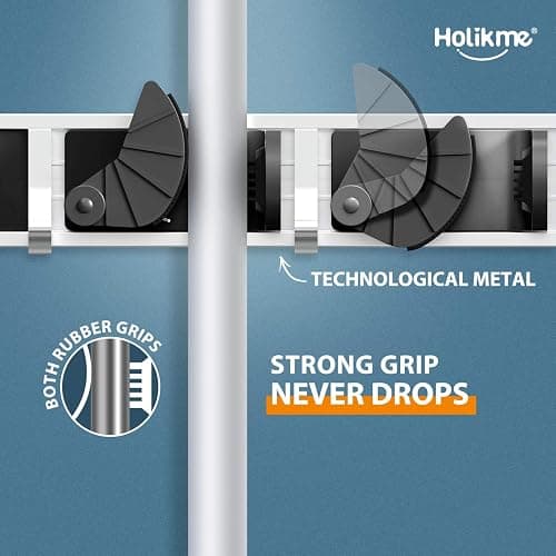 Holikme Mop Broom Holder Wall Mount Metal Pantry Organization and Storage Garden Kitchen Tool Organizer Wall Hanger for Home Goods (4 Positions with 4 Hooks, Black) thumbnail 4