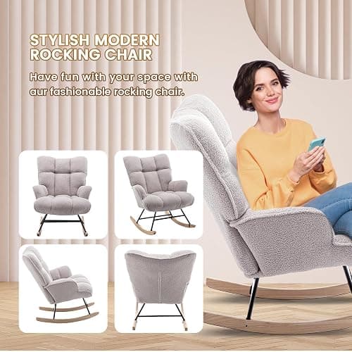 SAETSFEG Rocking Chair Nursery Teddy Upholstered Glider Rocker Rocking Accent Chair Padded Seat with High Backrest Armchair Comfy Side Chair for Living Room Bedroom Offices (Grey Teddy) thumbnail 5