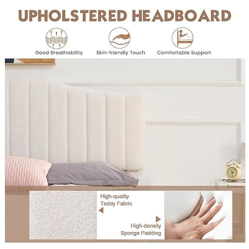 VECELO Full Size Beds Upholstered Platform Bed Frame with Height-Adjustable Teddy Fabric Headboard/Strong Wood Slats Supports / 7.9'' Under Bed Storage Space/Noise Free/No Box Spring Needed, Cream thumbnail 4