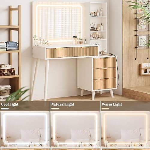 Makeup Vanity Desk with Mirror and Lights, Makeup Vanity with 5 Drawers&Storage Shelves, Vanity Table with Power Outlet, 3 Color Adjustable Lighting Dressing Table Set for Bedroom Oak thumbnail 4