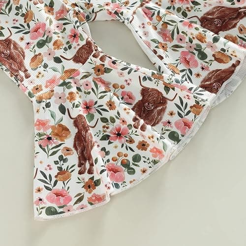 Karuedoo Toddler Baby Girl Western Outfit Letter Print Crewneck Sweatshirt Top Cow Flared Pants Set 2PCS Fall Winter Outfits thumbnail 6