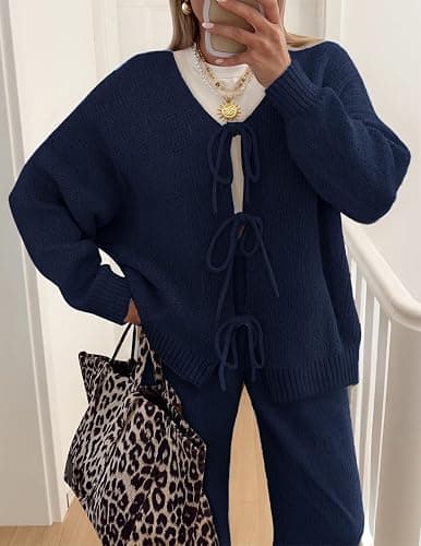 ZESICA Women's 2 Piece Outfits 2026 Fall Lounge Pajama Sets | Long Sleeve Cardigans, Wide Leg Pants, Tie Front, Matching Winter Clothes, Comfy Airport Travel Sweater Outfits thumbnail 2