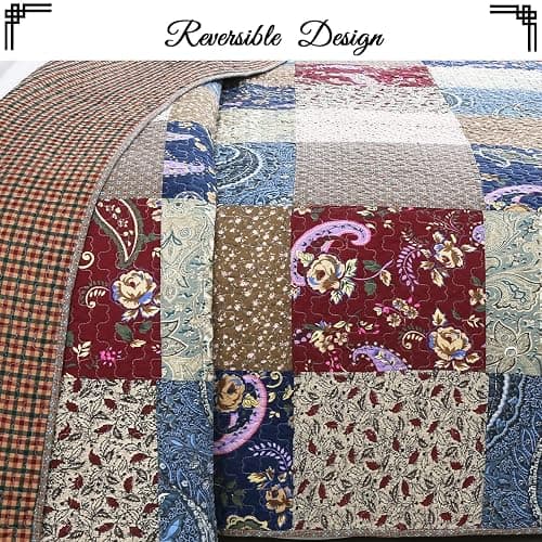 Cozy Line Home Fashions 100% Cotton Hand Piecing Real Patchwork Brown Floral Reversible Quilt Bedding Set Coverlet Bedspread for All Seasons (Red Navy, Queen - 3 Piece) thumbnail 5