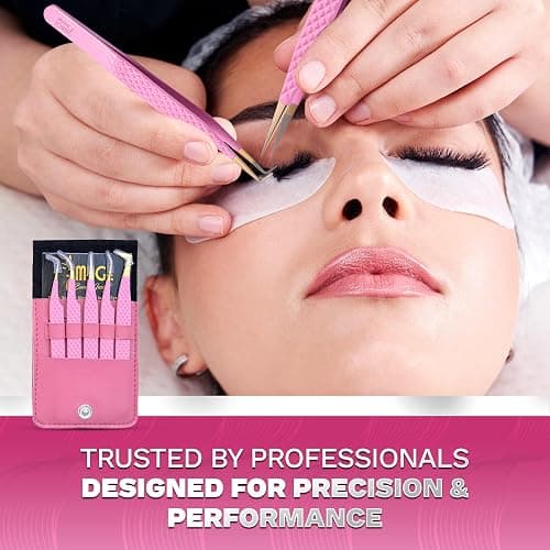 5 Pcs Fiber-Tip Japanese Steel Lash Tweezer Set with Leather Case, Professional Eyelash Tweezers for Lash Extensions – Titanium Coated, 90 & 45 Angled, Precision Pointed Tweezers (PINK) thumbnail 5