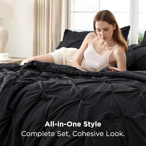 Bedsure Oversized Queen Comforter Set Black - Bed in a Bag Bedding Set 7 Pieces, GentleSoft™ Pintuck Bed Set Gift for Family, Pinch Pleat All Season Comforter with Sheets, Pillowcases & Shams thumbnail 6
