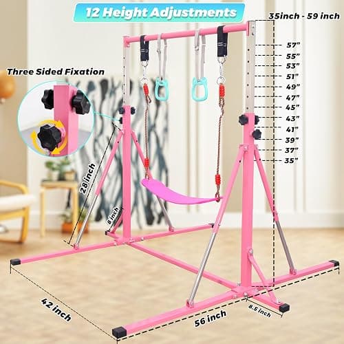 FC FUNCHEER Foldable Gymnastics Bar,5FT Horizontal bar,Adjustable Kids Training bar for Kids Ages 3-15,Kids Gymnastics bar,Triangle Stable Structure-Gym Equipment for Home thumbnail 2