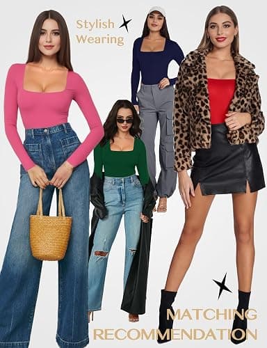 YOGINGO Long Sleeve Square Neck Bodysuits for Womens, Body Suits Tops Going Out Basic Leotards Slim Fitted Outfits Shirt thumbnail 6