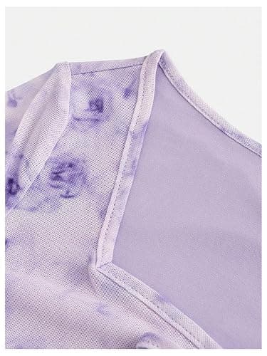 Milumia Girl's Floral Print Bowknot Bell Sleeve Crop Tops Square Neck Ruched T Shirts - 8 Years - Mauve Purple thumbnail 3
