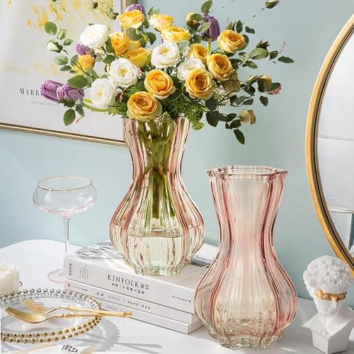 Flower Vase,Glass Vases Set of 2,Blush Clear Pink Vase 8 inch,for Home Decor,Valentains Day Decorations Indoor,Gifts,Wedding,Anniversary,Centerpieces Vase - Image 1