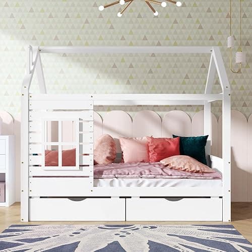 Aoowow Twin Size Kids House Bed with 2 Drawers, Wooden Twin Bed Frame with Window and Roof for Bedroom, Modern Twin Size Kid Playhouse Bed with Slats for Boys Girls, Can be Decorated, White thumbnail 6