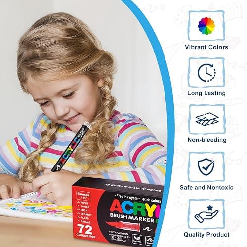 Guangna Acrylic Paint Markers Brush Tip, 72 Vivid Colors with Direct-Liquid Ink Control System, Professional-Grade Paint Pen for Rock Painting, Canvas, Glass, Plastic, Fabric & Creative Crafts thumbnail 6
