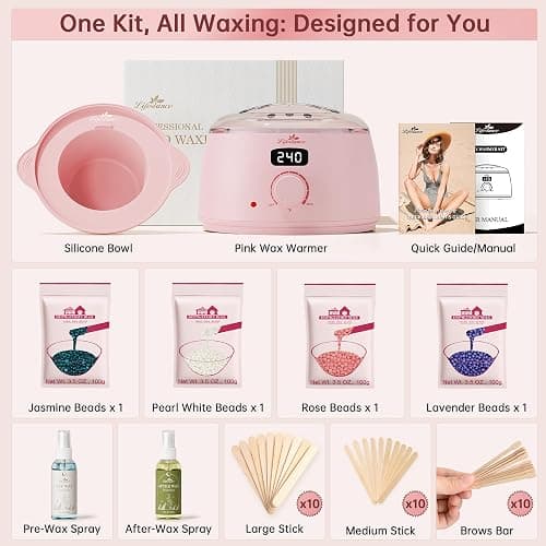 Lifestance Waxing Kit for Women & Men - Pink L3 Digital Warmer, Silicone Wax Pot Liner, Hair Removal Kit with 14.1oz Hard Wax Beads & Oil Spray, Professional for Home Brazilian Bikini Face Leg Body thumbnail 3
