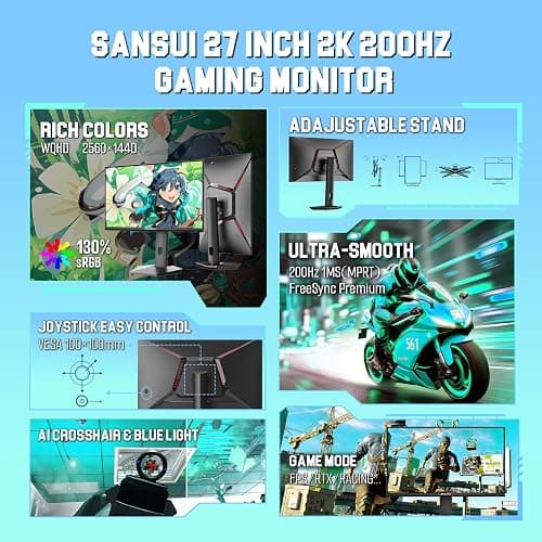 SANSUI Gaming Monitor 27" 1440P 200Hz 180Hz WQHD 2560×1440-AMD FreeSync 1ms DCI-P3 95% Fast IPS Computer Monitor,Height Adjustable Vertical/Horizontal Rotating, 2×DisplayPort/HDMI 丨HDR丨Low Motion Blur thumbnail 2