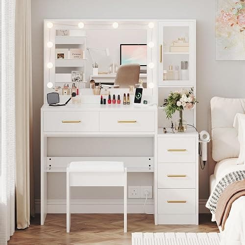 TOKSOM Makeup Vanity with Lights & Charging Station, White Vanity Table with 5 Drawers & Open Storage Shelves, Bedroom Makeup Dressing Table Set for Women Girls thumbnail 7