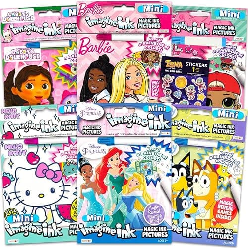 Imagine Ink Coloring Book Set for Girls - Bundle Includes 6 No-Mess Books Featuring Disney Princesses, Hello Kitty, Bluey, and More | Girl Mess Free Coloring Bulk - Image 1