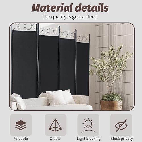 4 Panel Room Divider, 5.6FT Folding Portable Privacy Divider Metal Frame & Fabric Screen Freestanding Partition Screen for Bedroom Meeting Room Office (Black) thumbnail 5