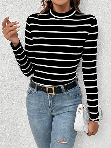 Floerns Women's Mock Turtleneck Long Sleeve Slim Fit Stretch Striped T-Shirts Tunic Tops Fall Fashion Trendy Outfits Clothes thumbnail 3