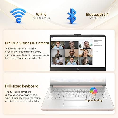 HP Flagship 14" HD Student&Business Laptop with AI Copilot, 13th Gen Intel 4-Core, 4GB RAM, 256GB Storage (128GB UFS + 128GB Docking Station), 1 Year Office 365, 720p Webcam, Win 11, Pale Rose Gold thumbnail 7