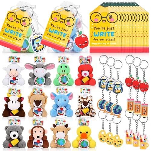 Wiwiqing 24 Sets Back to School Gifts for Students, First Day of School Mini Stuffed Animal with Keychain Card and Organza Bag for Classroom Exchange Reward Gift Party Favors Prize Goodie Bag Fillers - Image 1