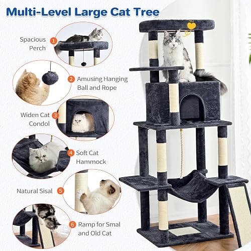 ABCPET Cat Tree Tower 63in Multi-Level Cat Tower for Indoor Cats with Sisal Scratching Posts, Condo, Hammock, Dangling Ball and Extended Platform for Cats to Play, Dark Grey thumbnail 2