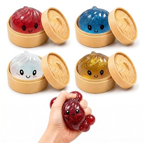 4Pcs Mini Glitter Dumpling Squishy, 2026 Upgrade Glitter Dumpling Squishy Mystery Box, Colorful Dumplings Stress Balls Fidget Sensory Toy, Stocking Stuffers with Food Steamer Stretchy Desk Toys - Image 1