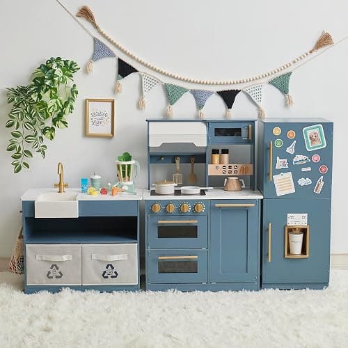 Teamson Kids Little Chef Atlanta Modular Wooden Play Kitchen, 3-Piece Pretend Set with 17 Accessories, Blue/White/Gold, Realistic Features for Toddlers & Kids, Cocina de Juguete Moderna thumbnail 2