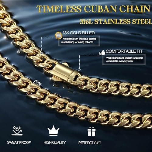 MUSECLOUD Gold Cuban Link Chain for Men Mens Stainless Steel Miami Curb Chains Necklace 5/8mm Thick Real Gold/Silver/Black Plated Diamond Cut Non-Tarnish Jewelry Trendy Christmas Gifts 18-26 Inch thumbnail 2