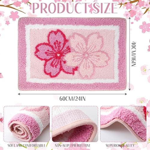 Boao Cherry Bath Mat Blossom Pink Flower Tufted Bathroom Rug Non Slip Soft Absorbent Tufted Cute Cherry Bathroom Accessories Decor for Bedroom Kitchen Floor Tub Shower Sink, 24 x 16 Inches thumbnail 2