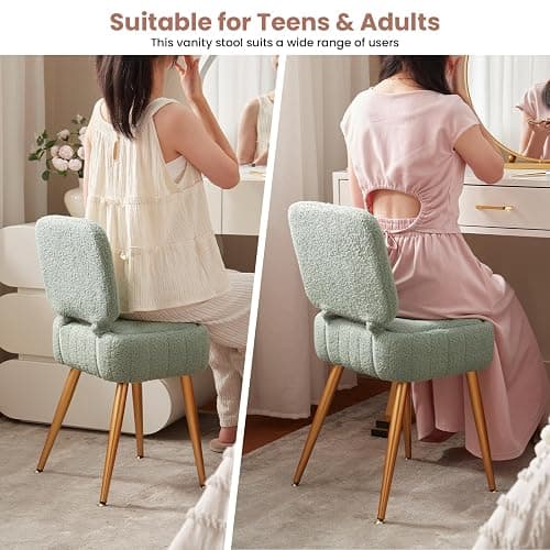 ZYKZYK Updated Vanity Chair, Storage Ottoman with Folding Back & Gold-Toned Metal Legs, Ottoman Seat with Teddy Velvet for Dressing Room Living Room Bedroom, 16" x 12.5" Inch thumbnail 6
