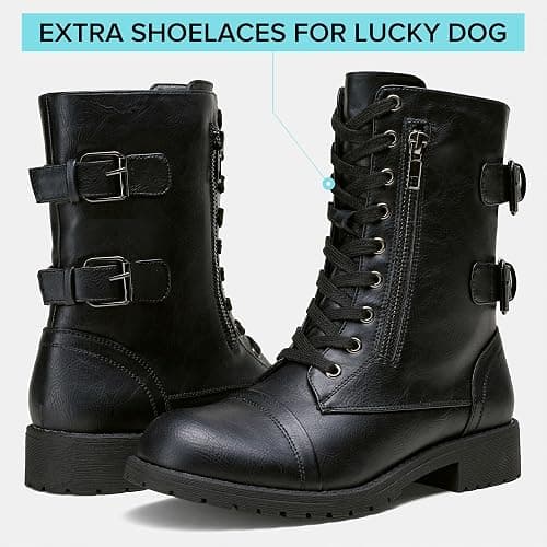 Vepose Women's Lace Up Mid Calf Combat Boots with Functional Pocket | Everyday moto style, functional zip pocket for cards and keys, low heel, inside zipper for city outfits and travel thumbnail 5