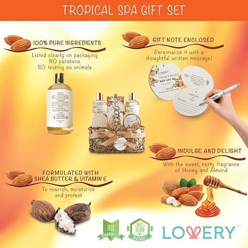 Christmas Gift Baskets for Women Gifts for Women Who Have Everything, Home Spa Honey & Almond Scent, Luxury Bath & Body Set - Shower Gel, Bubble Bath, Body Lotion, Salts, Bath Bomb, Bath Puff. thumbnail 6