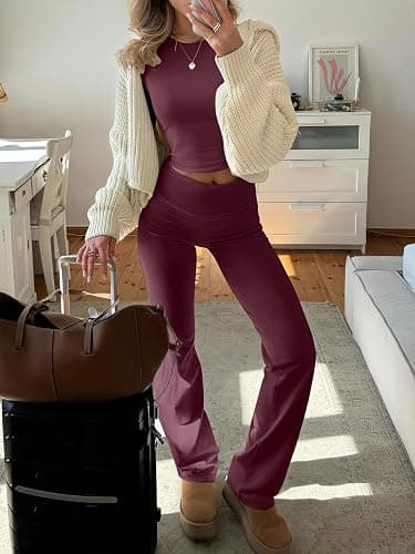 ANRABESS Women 2 Piece Outfits Fall Lounge Sets Long Sleeve Cropped Top Fold Over Flare Pants Comfy Pajamas Set Y2K Clothes thumbnail 5