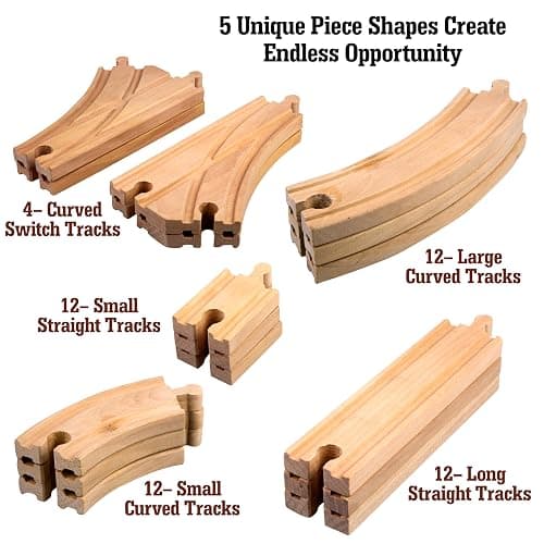 Wooden Train Track 52 Piece Set-18 Feet Of Track Expansion - 5 Distinct Pieces - 100% Compatible with All Major Brands Including Thomas Wooden Railway System: Screen Free Christmas Gift For Toddlers thumbnail 3