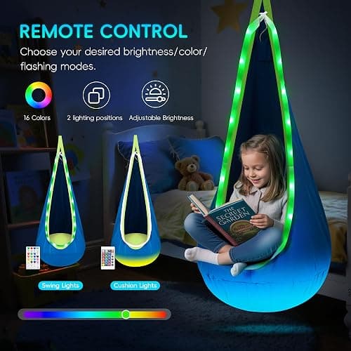 OUTREE Light Up Pod Swing Seat, Sensory Swing with LED Light, Cotton Kids Chair for Indoor and Outdoor, Hammock Chair Easy to Install, Blue thumbnail 3