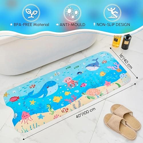 Vannokor Baby Bath Mat for Tub Non Slip Kids, 40 X 16 Inch Extra Long Bathtub Mat with Drain Holes and Suction Cups, Anti Slip Shower Mat Machine Washable, Whale thumbnail 2