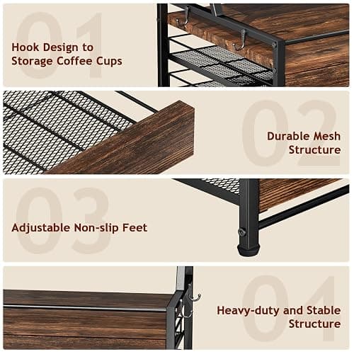 Homsorout Coffee Syrup Rack Organizer - 4-Tier 8 Syrup Wine Bottles Stand with 82 Storage Drawer for K Cups, Coffee Pod Holder for Countertop, Bar Station, Kitchen, Rustic Brown thumbnail 6