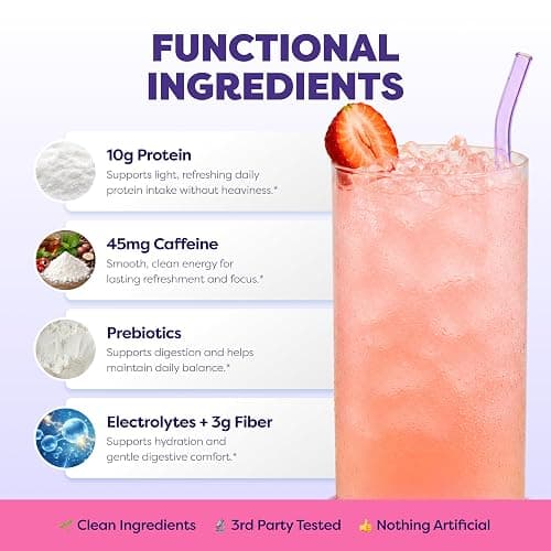 Javvy Clear Protein Powder with Clear Whey Protein, Strawberry Lemonade | 10g Whey Protein & Collagen Peptides, Electrolyte Powder, Natural Flavors, 0g Sugar, 3g Fiber, 45mg Caffeine thumbnail 2