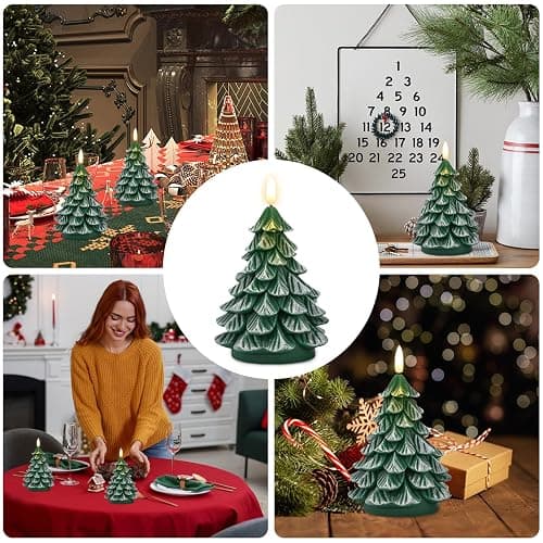 KunSwenn Christmas Tree Candles, 2 Pack Real Wax Christmas Tree Shaped Flameless Candles Battery Operated with 6H Timer, Green LED Flameless Candlesticks Imitate Snow Design for Christmas Winter Decor thumbnail 4